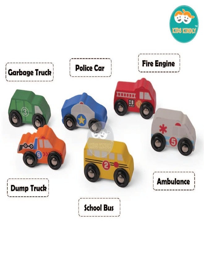 KIDS KINDLY Mini Vehicle Wooden Toys - Age 3 & Set of 6 Ambulance Wooden Small Toys for Kids, Cars Set Classic Rescue & Construction Vehicles Driving Cars for Boys Girls Educational Plays - Image 2